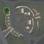 An overhead view of the design: it is a circle with two curved shapes on the right that join up with stone shapes on the left. We see the entrance of the monument and the green berm. The Canadian War Museum is seen across Booth Street.