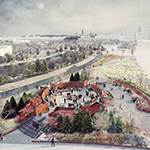 An overhead view of the design: We see a large, raised rust coloured circle with four entrances. There is a smaller circle inside the larger one. There is extensive landscaping and large trees. We see buildings and Parliament Hill in the distance.