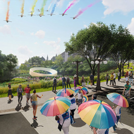 In the middle we see a large white ring that has one side touching the ground and the other side suspended in the air. It is surrounded by many trees and green landscaping.  In the foreground people on a walkway carry rainbow parasols.  In the sky above, aircraft fly in formation, each with a different coloured contrail.