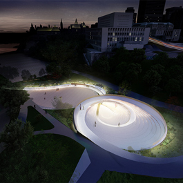It is night. A birds-eye view of the design. Slightly right of center we see a large, white spiral shape that is connected to a very wide open space; both are lit. We see a building and the silhouette of the Peace Tower in the background. Barely visible are landscaping and walkways.