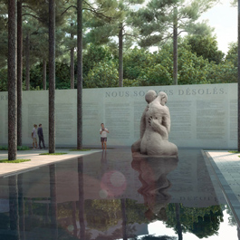 In the center of the image is a statue of two seated figures embracing. They are in a reflecting pool.  Behind them is a wall etched with writing. There are tall trees in the background and around the reflecting pool.