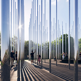 Tall slim wands, like flagpoles. The wands are stainless steel and reflect like mirrors. People gather around a raised circle on the ground.