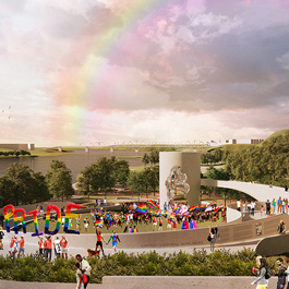 A large, sweeping, curved white pathway leads to a huge column shape. People walking. A large rainbow balloons that spell out “Pride”.