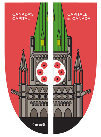Banner of Canada's Capital Region, made up of the Peace Tower on which poppies decorate its clock face, on a red background.