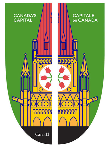 Banner of Canada's Capital Region, made up of the Peace Tower on which red tulips decorate its clock face, on a green background.