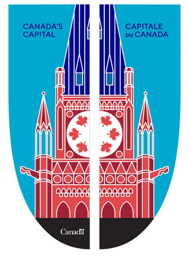 Banner of Canada's Capital Region, made up of the Peace Tower on which maple leaves decorate its clock face, on a sky-blue background.