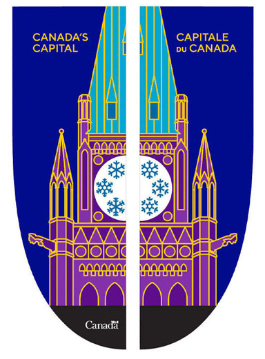 Banner of Canada's Capital Region, made up of the Peace Tower on which snowflakes decorate its clock face, on a dark blue background.