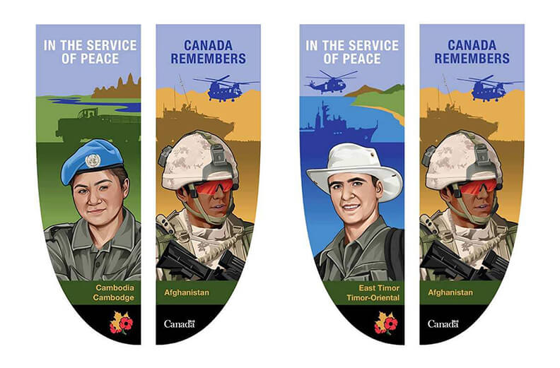 Banner with a woman wearing the UN blue beret. On the right, a soldier with an armoured vehicle and Chinook helicopter in silhouette.
