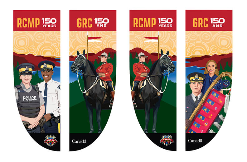 Banner with RCMP officers; one in an armoured vest, the other in shirt and tie. On the right, a Musical Ride member on a horse in red serge.
