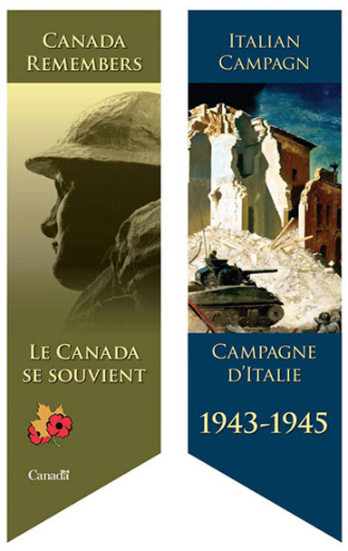 Banner with a figure profile from the National War Memorial. On the right, an image of a tank in front of damaged buildings and rubble.