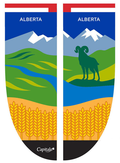 Bannière pour la province de l'Alberta, composée d’un paysage sur lequel se retrouve la silhouette d’un mouflon.