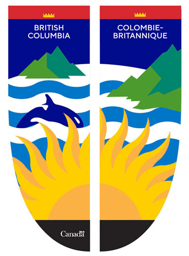 Banner representing the province of British Columbia, made up of a setting sun against a seascape inspired by the provincial flag.