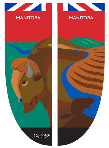 Banner representing the province of Manitoba, made up of a prairie landscape inspired by the provincial shield showing a bison.