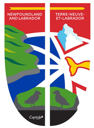 Bannière pour Terre-Neuve-et-Labrador sur laquelle se retrouvent un aperçu du drapeau provincial, un rivage, deux macareux et un iceberg.