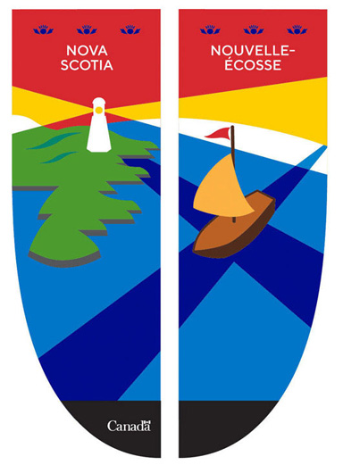 Bannière de la Nouvelle-Écosse, sur laquelle se retrouvent un phare et une péninsule dans un paysage recouvert d'une croix de Saint-André.