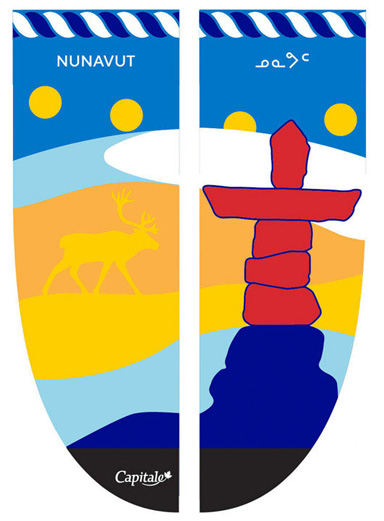 Bannière représentant le Nunavut sur laquelle se retrouve un inukshuk dans un paysage composé d’un caribou et d’un arc de cercles dorés.