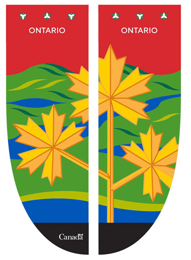 Bannière représentant la province de l'Ontario, sur laquelle se retrouve une branche d'or avec trois feuilles d'érable devant un paysage.