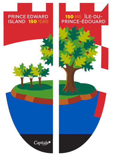 Bannière de l'Île-du-Prince-Édouard, composée d‘une île sur laquelle se retrouvent trois jeunes chênes sous un chêne plus mature.