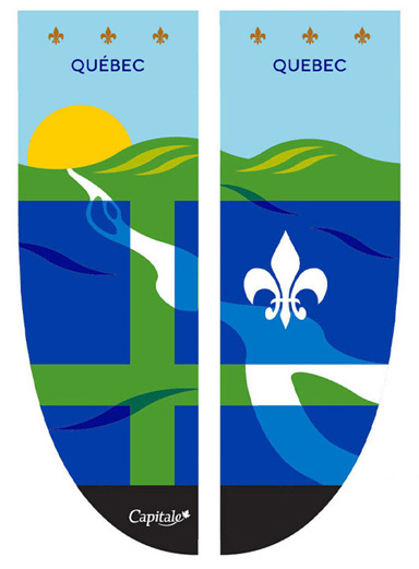 Banner representing the province of Québec, depicting a portion of the provincial flag in overlay on a landscape of a river and hills.