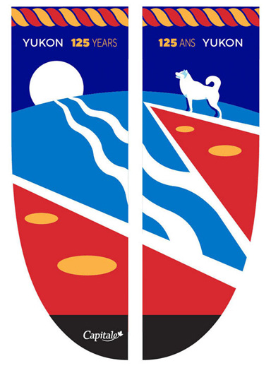 Banner representing Yukon Territory, made up of a landscape inspired by the territorial shield on top of which stands a malamute.