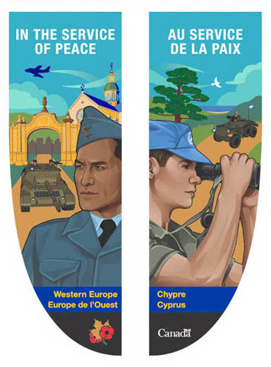 Deux panneaux de bannière montrant du personnel et des véhicules militaires. Cette bannière rend hommage aux engagements en Europe de l'Ouest et à Chypre.
