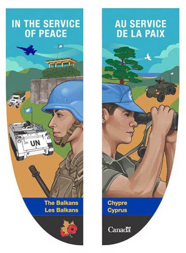 Deux panneaux de bannière montrant du personnel et des véhicules militaires. Cette bannière rend hommage aux engagements dans les Balkans et à Chypre.