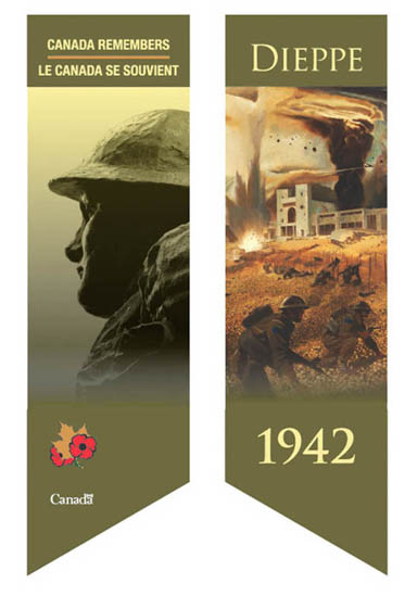 Two banner panels, the left showing a bronze soldier’s profile, the right showing two soldiers at Dieppe.