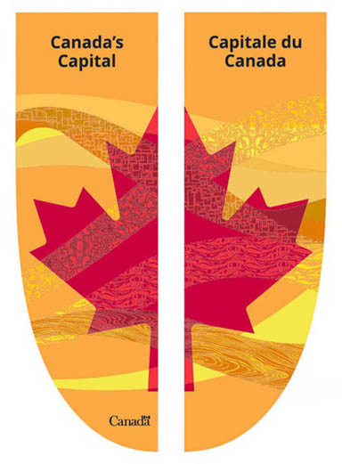 Two banner panels, featuring a maple leaf in the foreground, and stylized ribbons in the background.