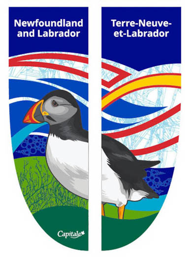 Two banner panels, featuring an Atlantic puffin in the foreground, and stylized ribbons in the background.