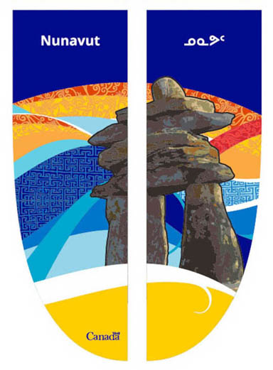 Two banner panels, featuring an inuksuk in the foreground, and stylized ribbons in the background.