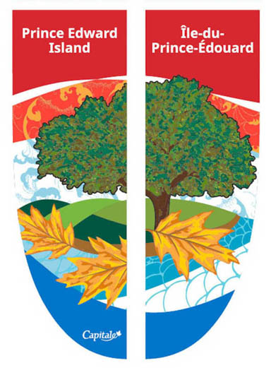 Two banner panels, featuring a red oak tree and oak leaves in the foreground, and stylized ribbons in the background.