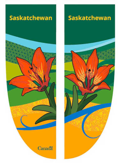 Two banner panels, featuring two western red lily flowers in the foreground, and stylized ribbons in the background.