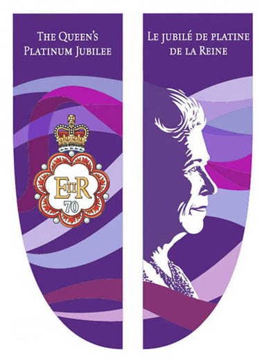 Two banner panels, the left showing the Canadian Platinum Jubilee emblem, the right depicting Her Majesty Queen Elizabeth II.