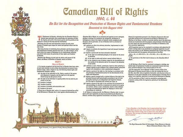 Image of a poster representing the content of the Canadian Bill of Rights. The legal text of the Bill of Rights is published as Canadian Bill of Rights S.C. 1960, c 44, an Act for the Recognition and Protection of Human Rights and Fundamental Freedoms.