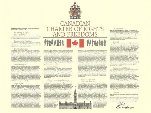 Image of a poster representing the content of the Canadian Charter of Rights and Freedoms. The legal text of the Charter is published online as Constitution Act, 1982.