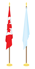 Two flags on stationary flagpoles with The National Flag of Canada in the position of honour - to the left of the second flag.