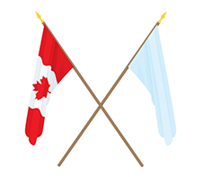 Two flags crossed in an X formation. The National Flag of Canada in the position of honour, hanging to the left with its pole crossed over that of the other flag.