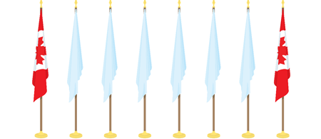 A line of eight flags on stationary flagpoles with the National Flag of Canada on either end.
