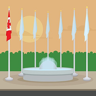 A semi-circle of seven flags on stationary flagpoles behind a water fountain with the National Flag of Canada in the leftmost position.