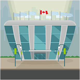 Drapeaux déployés sur des mâts fixes disposés en cercle autour d’un jardin circulaire surélevé aménagé devant l’entrée d’un immeuble de briques; le drapeau national du Canada est au centre et au premier plan.