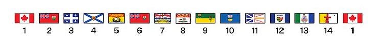 The flags of the provinces and territories ordered by the year of entry into Confederation. The National Flag of Canada is on either end.