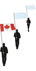 A procession of three figures walking in line carrying flags with the National Flag of Canada in the lead position.