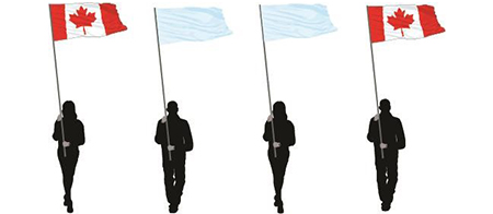 A procession of four figures walking in line abreast carrying flags with the figures on the far left and far right carrying the National Flag of Canada.