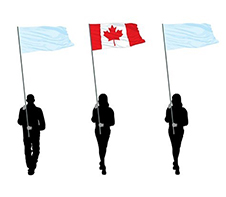 A procession of three figures walking in line abreast carrying flags with the National Flag of Canada in the middle position.