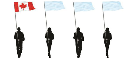 A procession of four figures walking in line abreast carrying flags with the National Flag of Canada carried on the far left.