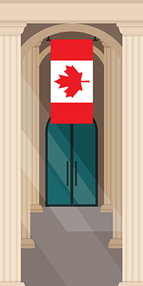 The National Flag of Canada displayed vertically from the top of a doorway with the top point of the leaf facing left.