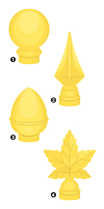 Les quatre styles de fleurons pouvant surmonter le mât du drapeau : une boule, un fer de lance, un gland et une feuille d’érable.