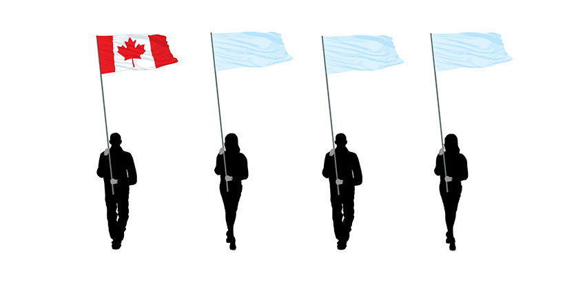 A procession of four figures carrying flags with the National Flag of Canada carried on the far left.
