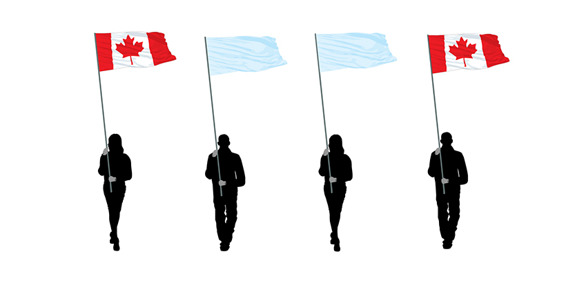 A procession of four walking side-by-side carrying flags with the figures on the far left and far right carrying the National Flag of Canada.