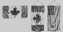 Un drapeau suspendu horizontalement et deux autres, verticalement.
